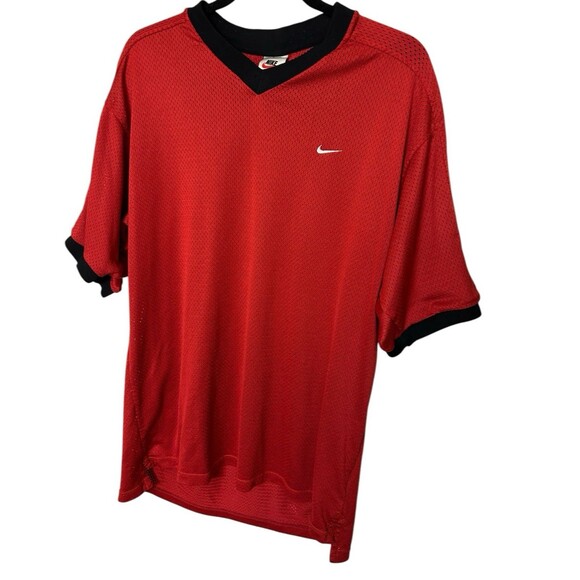 Vintage 90s Nike Fit Mens Shirt Red Mesh Swoosh Warmup Short Sleeves White Tag M - Picture 2 of 9
